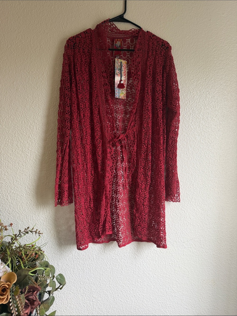 NWT Johnny Was Red Lace Crochet Long Duster Cardigan size S